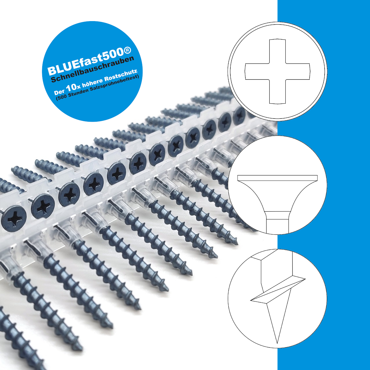 BLUEfast500® Schnellbauschrauben | Grobgewinde | PH2 | magaziniert Langband | 3,9x25 | 1.000 Stk BLUEfast500® Schnellbauschrauben | Grobgewinde | PH2 | magaziniert Langband | 3,9x25 | 1.000 Stk