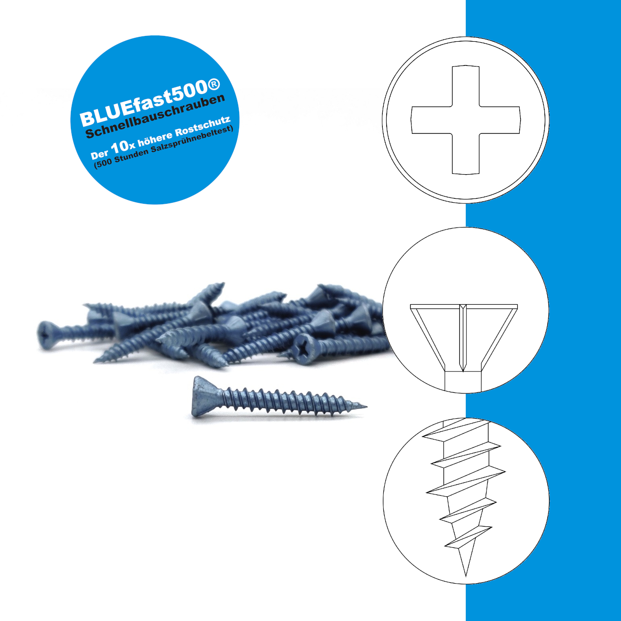 BLUEfast500® Faserplattenschrauben | Hi-Lo-Gewinde | PH2 | 3,9x19 | 1.000 Stk BLUEfast500® Faserplattenschrauben | Hi-Lo-Gewinde | PH2 | 3,9x19 | 1.000 Stk