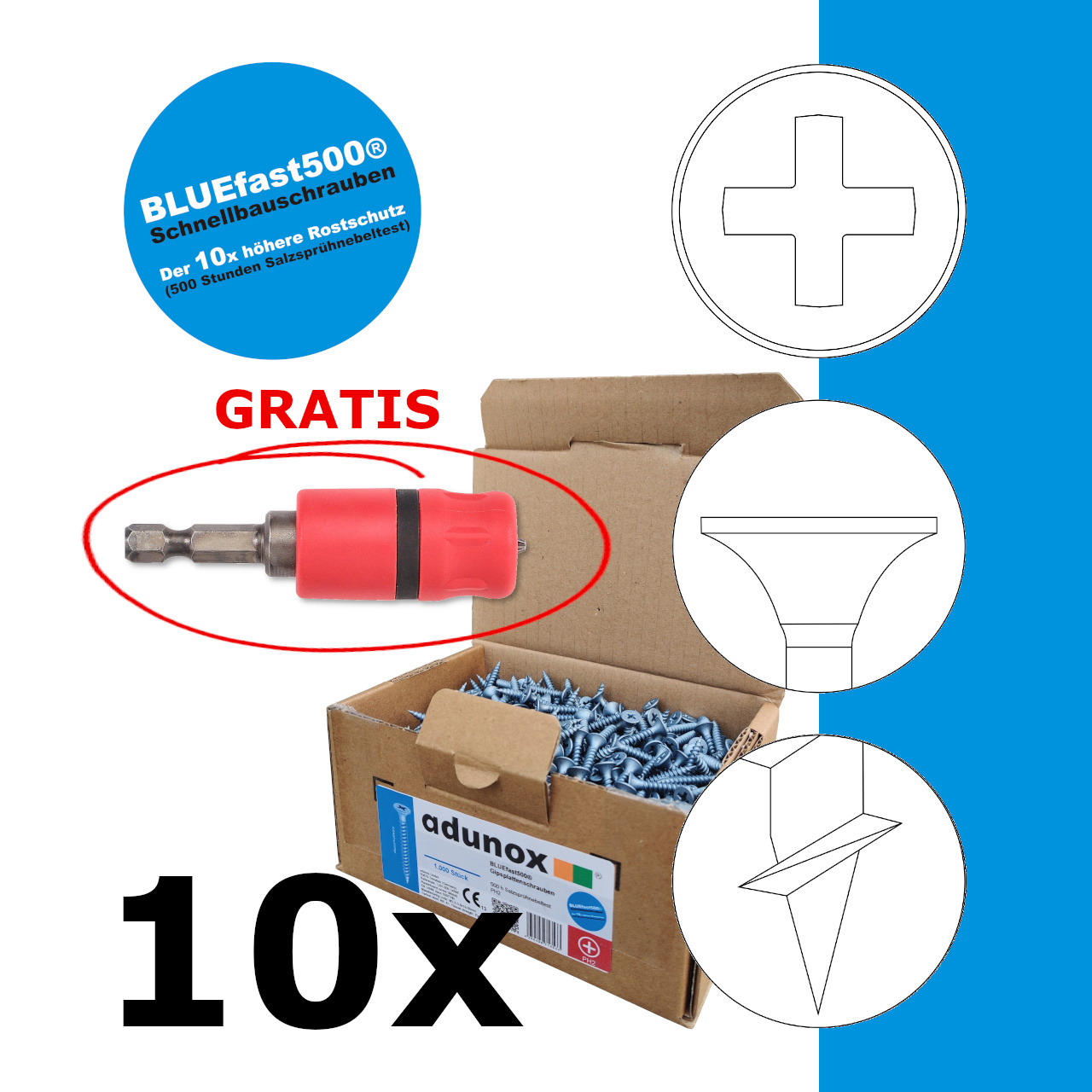SPARPAKET | 10 x 1.000 Stk lose Schnellbauschrauben BLUEfast500 | Grobgewinde | 3,9x41 | + GRATIS 1 x Schraubkupplung SKT SPARPAKET | 10 x 1.000 Stk lose Schnellbauschrauben BLUEfast500 | Grobgewinde | 3,9x41 | + GRATIS 1 x Schraubkupplung SKT