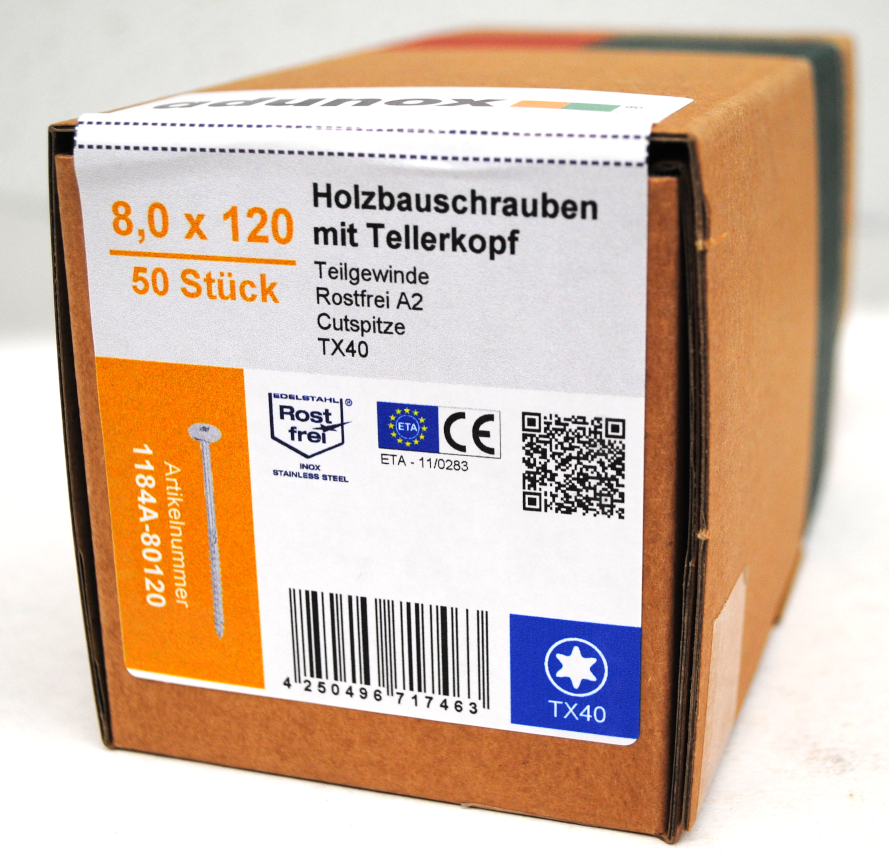 Holzbauschrauben | Tellerkopf | rostfrei A2 | Teilgewinde | 8,0x120 | 50 Stk